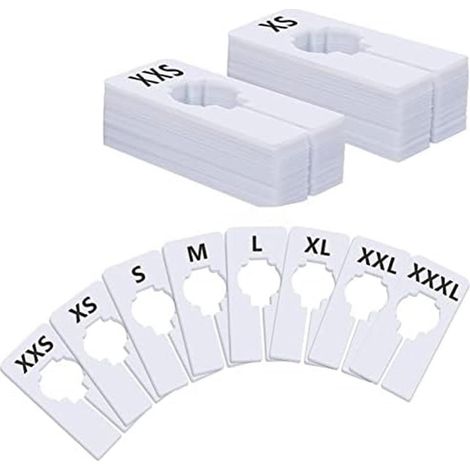 Lot de 40 séparateurs rectangulaires blancs en plastique pour vêtements, pré-imprimés en 8 tailles, pour penderie. (1/5)