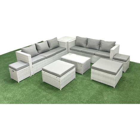 Fimous 8 Stücke Rattan Gartenmöbel Set Garten Sofa Couchtisch Set mit Beistelltisch 4 Hockern Hellgrau gemischt (1/5)