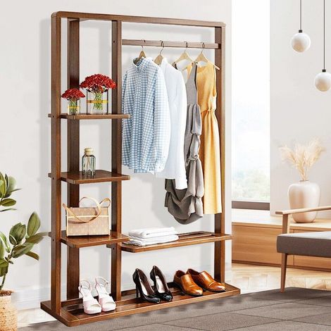 Garderobenständer Kleiderständer Kleiderstange mit 5 Ablagen aus Bambus, Flurgarderobe für Schlafzimmer, Wohnzimmer, Ladengeschäft, 101x41x171cm