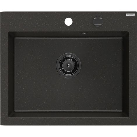 Mexen Elix évier en granit 1 bac 600 x 500 mm, noir/doré métallisé, siphon noir - 6525601005-75-B (1/5)