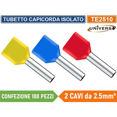 CONFEZIONE 100 PEZZI TUBETTO TERMINALE CAPICORDA ISOLATO PER 2 CAVI DA 2.50mm² TERMINALE DA 10mm - GIALLO ROSSO BLU - Colore Struttura:Rosso (1/5)