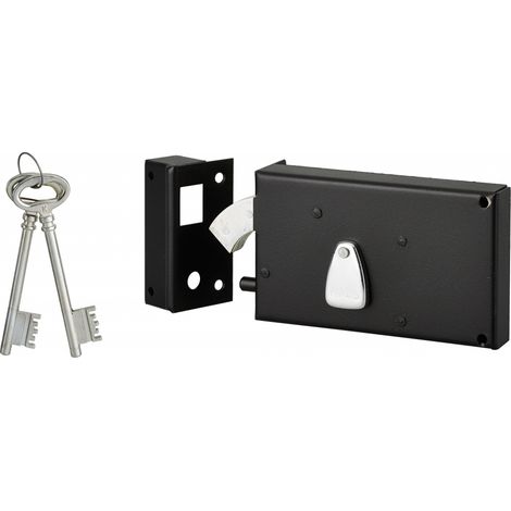 Thirard – Serrure horizontale 4 gorges en applique à clé crochet pour portail gauche – Axe 58mm – Dimensions 140x82mm – Acier noir – 2 clés (1/2)