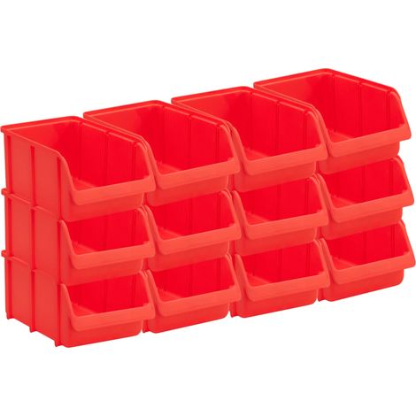 hünersdorff Set 12 cassetti impilabili, cassette portaoggetti, organizer per utensili, elevata stabilità dimensionale e capacità di carico, in polipropilene (PP), misura 4, rosso (1/4)