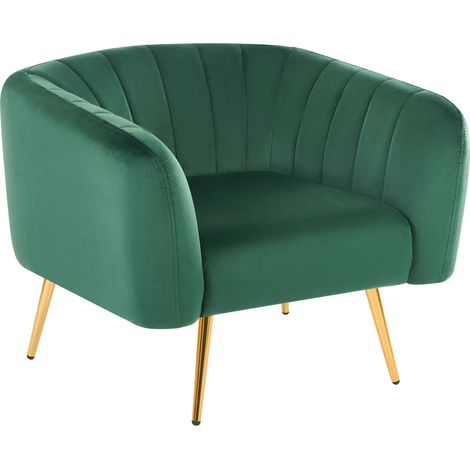 Sillón de terciopelo verde oscuro dorado respaldo patas metal glamour Laconia