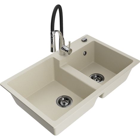 Mexen Tomas lavello in granito a 2 vasche con miscelatore cucina Aster, beige - 6516-69-73450-07-B (1/5)