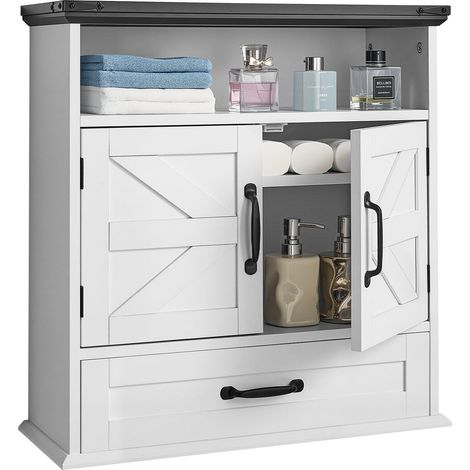 Armoire Murale Salle de Bain Blanche avec 2 Portes Étagère Réglable Tiroir Rangement Suspendu Cabinet Médical pour Cuisine et (1/5)
