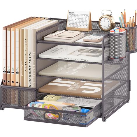 Robuste Organisateur de Bureau avec Porte-Documents, 5 Niveaux - Porte-Lettres avec Tiroir et 2 Porte-Stylos - Compartiments de Rangement en Maille pour Fournitures de Bureau, Argent (1/5)