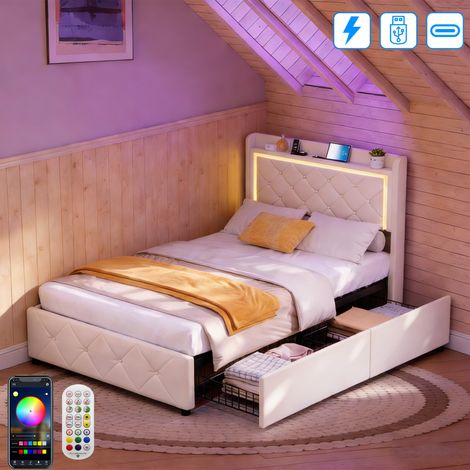 Lit simple 90x200 cm avec LED et USB Tpye C, Lit coffre avec 2 tiroirs de Rangement, Lit une place, Cadre en métal et sommier à lattes en bois, 1 personne, Velours, Beige