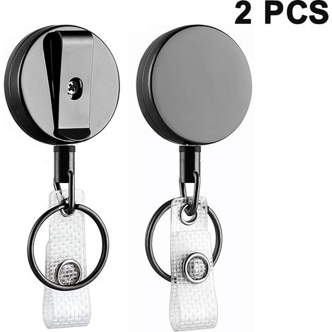 Lot de 2 porte-clés porte-badges rétractables, corps en métal robuste, cordon en acier, mousqueton avec clip ceinture, pouvant contenir clés et outils. (1/5)