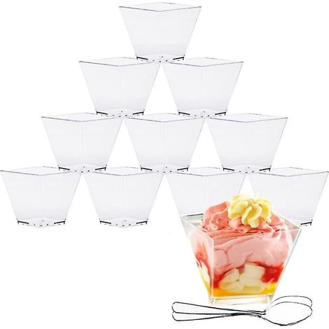 Lot de 50 coupes à dessert en plastique + 50 cuillères, 60 ml (2 oz), réutilisables. (1/5)