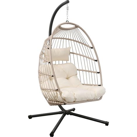 Chaise Suspendue en Forme d’œuf avec Structure de Support coussin moelleux et housse de protection anti‑pluie, conception inclinable pliable, charge maximale 204 kg, Gris Abricot (1/5)