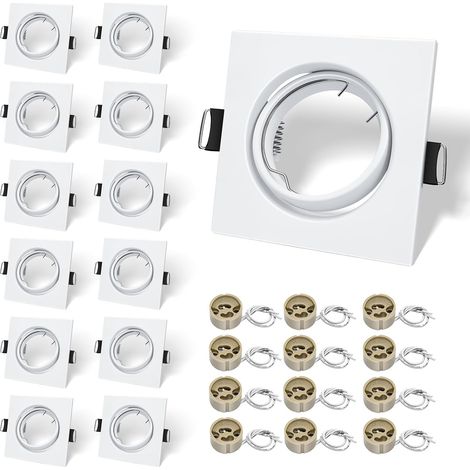 12x Cadres Encastrables GU10 Carrés, Blanc Mat Douille céramique, orientables à 30°, 87x87mm, découpe 68-80mm. Pour LED/halogènes 50mm. Ampoule non incluse. (1/5)
