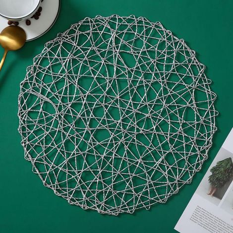 Placemat Ronde - 38 cm - En PVC Tissé - Anti-dérapant - Pour Décoration de Table - Fêtes Noël Mariage - Or Argent - Lot de 1