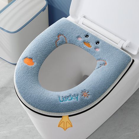 Abattant WC épais, housse de siège de toilette chauffante, réutilisable et douce, lavable en peluche, facile à installer, confortable (bleu)