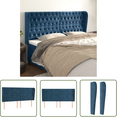 The Living Store Tête de lit avec oreilles Bleu foncé 203x23x118/128 cm Velours - Tête De Lit - Literie - Meuble Chambre - Velours - Tête De Lit Rembourrée (1/5)