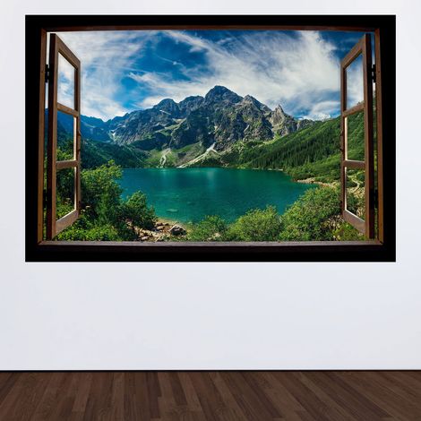 Stickers Trompe l'oeil fenêtre en bois - Lac Montagnes - 60 x 90 cm (1/3)