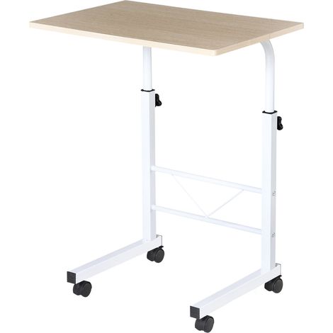 Table d'appoint, table basse réglable en hauteur, bureau mobile à roulettes avec freins, table en C, panneaux de particules, acier, fer, plastique, coloris érable blanc, 60 x 40 x 68-78 cm