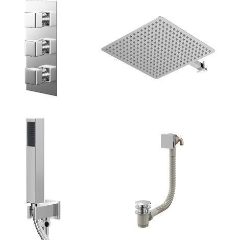 Cubix Polished Chrome Concealed Triple Thermostatic Shower Valve with Diverter and 400mm Square Head with 345mm Wall Arm and Outlet Holder with Kit and Free-Flow Bath Filler - 3 Outlet (1/5)