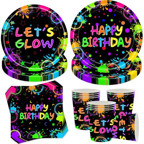 Pack de 50 pièces de vaisselle de fête en couleurs néon, ensemble de vaisselle pour fêtes lumineuses, accessoires de fête néon pour anniversaires, avec assiettes, gobelets, serviettes (1/5)
