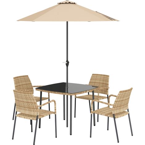 Outsunny 4 Seater Rattan Dining Set with Parasol, Light Brown