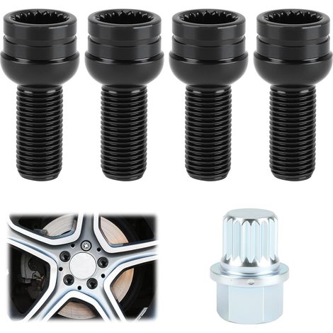 4pcs M141.5mm Ecrou Antivol Wheel Bolt Lock Set,Car Tyre Lock Screws with Key ,Black Boulon Antivol Roue Voiture (1/5)