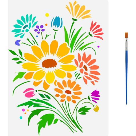 Pochoir de Peinture de Bouquet de Fleurs de Marguerite Avec Pinceau 21X29.7cm Modèle de Dessin de Fleurs de Marguerite Creuses Pochoir de Bouquet de Fleurs Thème Végétal pour Tissu Bois (1/5)