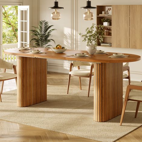 Table à manger extensible ovale 120-160x80x75,5cm,pieds rainurés, plateau arrondi,MDF et Métal,Brun (1/5)