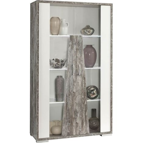 DENYS - Vitrine 2 Portes Laqué Blanc et Effet Bois Taupe (1/3)