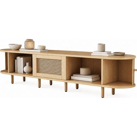 Mobile TV basso 180x40x40 cm in MDF naturale con ante scorrevoli e cassetto - CHICFURN (1/5)