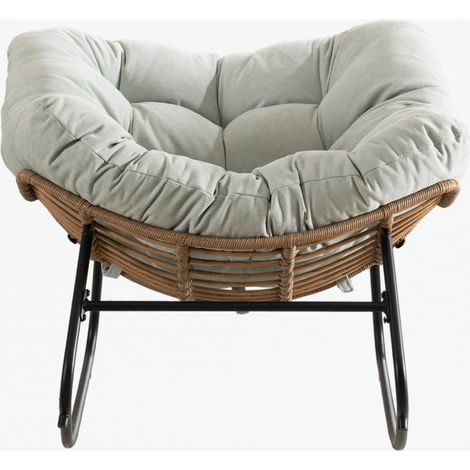 Silla mecedora de chenilla azul claro con estructura de metal (1/5)