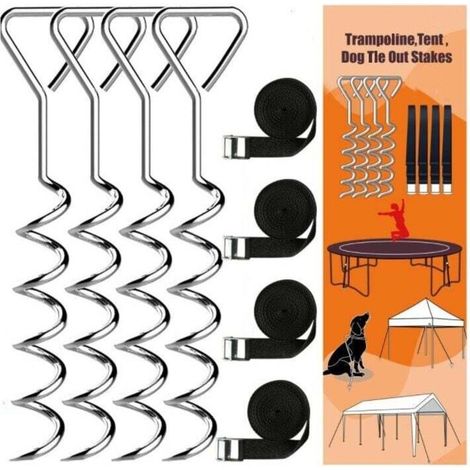 Piquets d'ancrage Spirales Sangles de Serrage Kit ancrage résistance Acier Inoxydable Fixations pour Trampoline Sécurité noir (1/4)