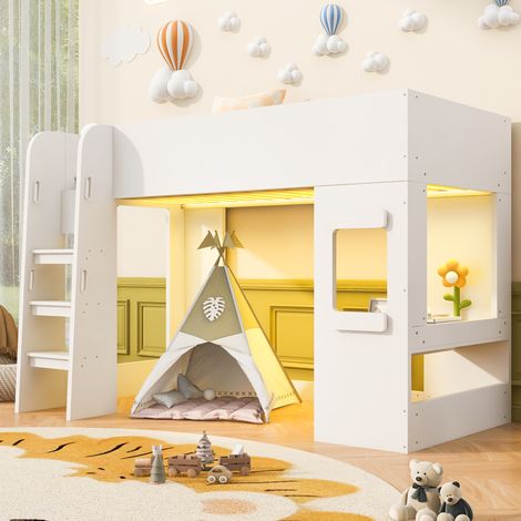 Cama alta multifuncional (203.8x93.6x139 cm), con escritorio pequeño, iluminación LED, escalera de seguridad, MDF, blanca (1/5)