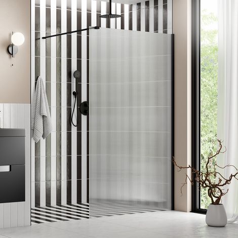 Signature Icon Fluted Black Wet Room Screen 800mm Wide - 8mm Glass (1/5)
