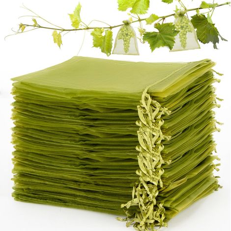 Lot de 100 sachets en organza - Sachets de protection pour fruits 1723cm, sachets anti-insectes, housses en filet à cordon, filet à fruits vert
