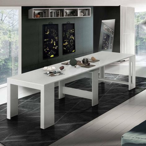 Console extensible Martino, Console extensible jusqu'à 12 places, Table avec supports d'extension, 51/300x90h77 cm, Mélèze blanc brillant (1/5)