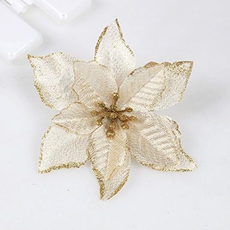 Lot de 12 fleurs artificielles décoratives en soie pour sapin de Noël de 13 cm, buisson de poinsettia doré et buisson de poinsettia rouge, fleurs artificielles à paillettes rouges, ornements pour sapi (1/5)