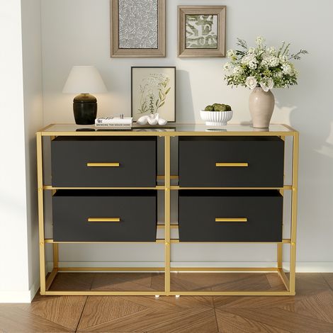 Commode Buffet en verre, commode, noir et or, MDF et verre, 100 x 35 x 65 cm (1/5)