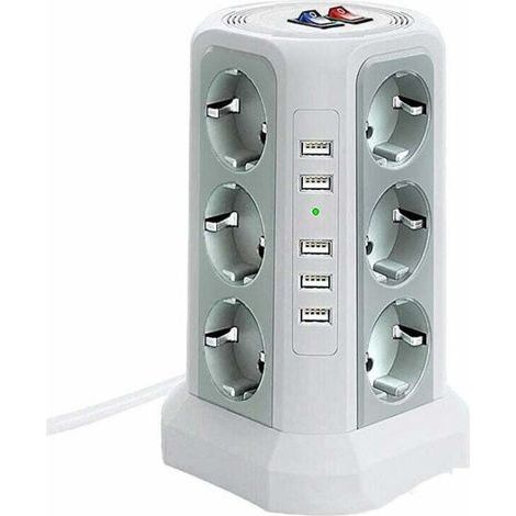 Tour multiprise avec protection contre les surtensions, multiprise avec 5 ports USB et 12 prises, multiprise avec 3 interrupteurs, blanc (1/4)