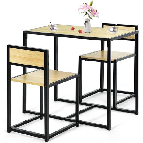 GOPLUS Set da Pranzo 3 Pezzi, Tavolo Alto da Bar con 2 Sgabelli con Schienale, Design Industriale, Set Tavolino per Cucina, Sala da Pranzo (Naturale)