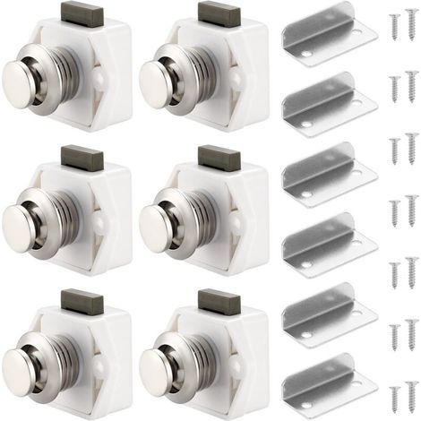 Lot de 6 verrous à bouton-poussoir pour placard, tiroir, placard, porte, caravane, camping-car, bateau, blanc (1/4)
