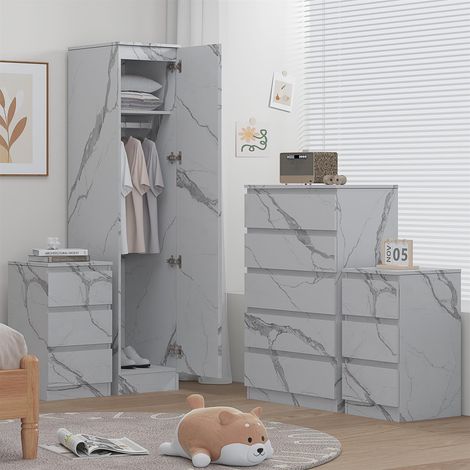 ZITA 4pc White Marble Effect Bedroom Set - 1-Door Wardrobe, Tall Chest & 2 Bedside Tables, Stylish Modern Storage Furniture