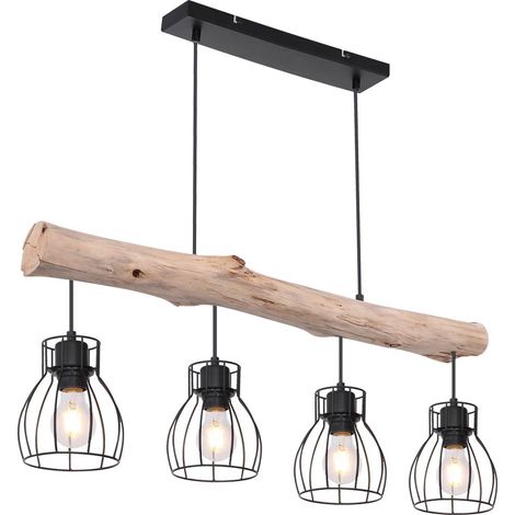 Etc-Shop – Plafonnier suspendu en bois et métal noir – 4 douilles E27 – Télécommande RGB – Dimmable – Longueur 82,5 cm – IP20 (1/5)