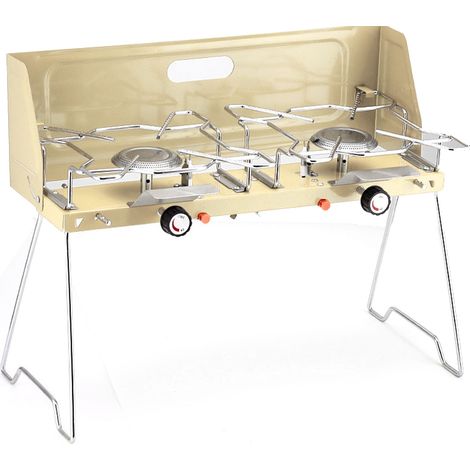 Réchaud à gaz double brûleur portable 2 feux extérieur avec pieds pliables en alliage d'aluminium, cuisinière de camping beige (1/5)