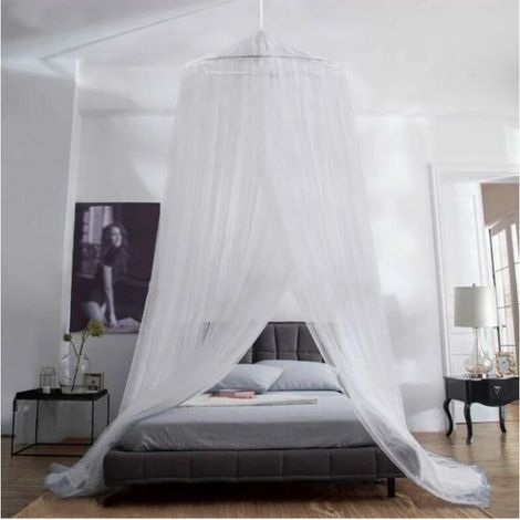Ciel de lit double avec moustiquaire en polyester transparent blanc 300 mailles, installation rapide et facile, convient aux lits bébé, lits simples, doubles et king size ronds (1/5)