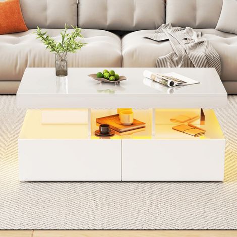 LED-Couchtisch mit Stauraum und zwei Schubladen – 104 x 53 x 46 cm – Moderner Stil – Weiß lackiert (1/5)