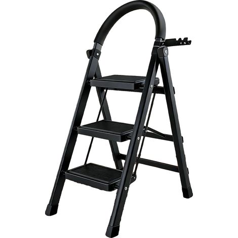 Escalera de mano, peldaños antideslizantes, asa curva cómoda, color negro, 3 peldaños (1/2)