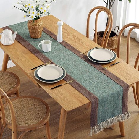 Chemin de table 15 x 86 po en lin et coton antique avec pompons bohèmes, bleu clair, pour la cuisine et la salle à manger (1/3)