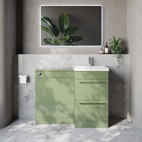 Napoli 390 Cento Olive Green 1100mm 2 Drawer Vanity Unit Toilet Suite with Glide Basin - 1100mm - Chrome 320mm HandleWithout Kingston Toilet Pan