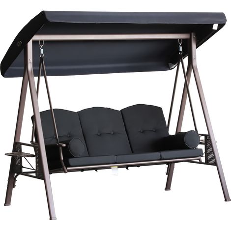 Altalena da giardino a 3 posti, extra comfort, tettuccio inclinabile regolabile, cuscini, vassoi estraibili, poliestere filato, nera.