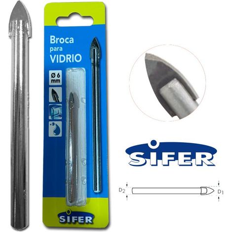 SIFER sifer broca para cristal ø6 mm , Vídrio, cerámica, azulejos, porcelana.Punta recta y base cilíndrica. Superficie de níquel.